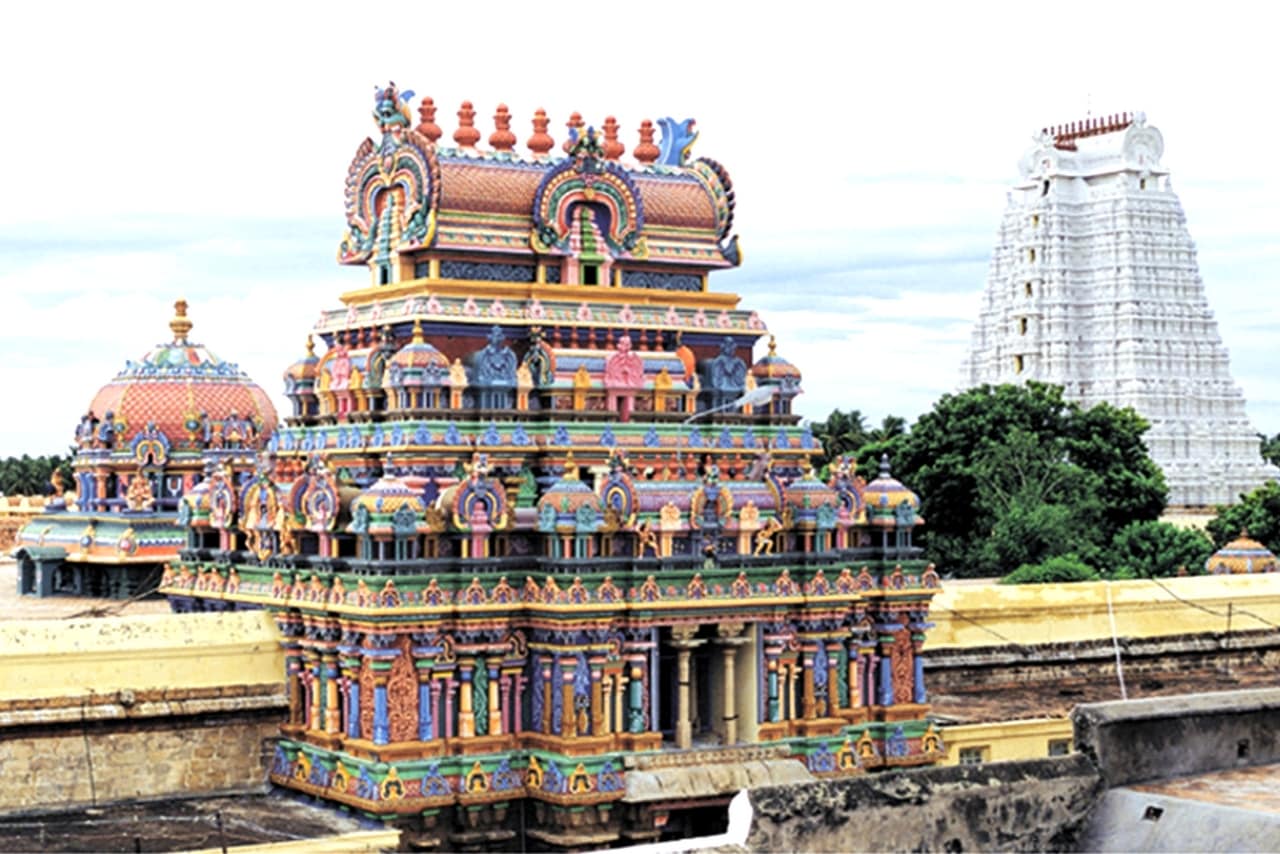Temple with colorful stucco images of gods, goddesses and animals