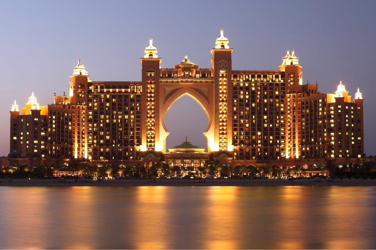 Many Dubai tourist attractions are illuminated at night. Take pictures of fantastic nighttime Dubai skyline on a night cruise on your family trip at emirates